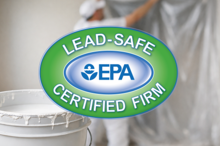Green and blue EPA "Lead-Safe Certified Firm" badge overlaid on a photo of a paint bucket and a painter working behind plastic sheeting.