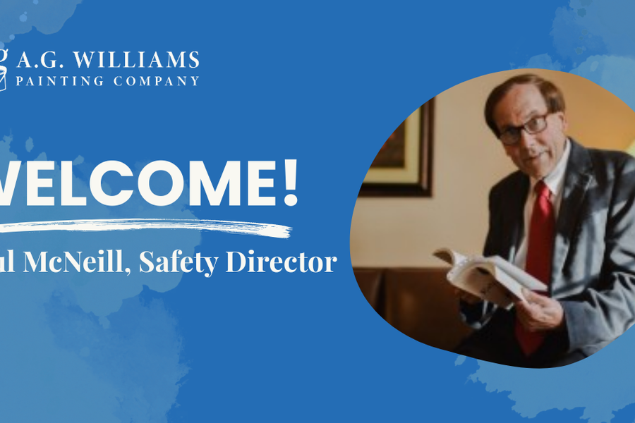 Blue A.G. Williams Painting Company graphic reading "Welcome! Paul McNeill, Safety Director" beside a photo of a man in glasses, a suit, and a red tie holding an open book.