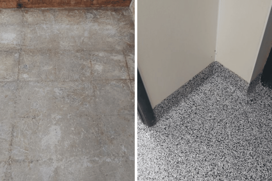 Before-and-after comparison of a commercial floor: worn, stained concrete tiles on the left and a new gray-and-black speckled epoxy flake coating on the right.