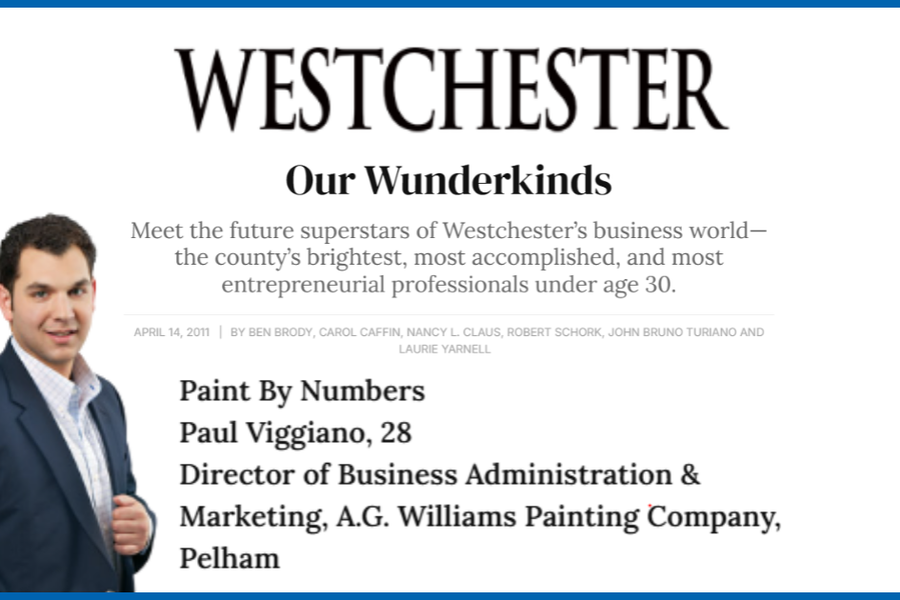 Westchester Magazine "Our Wunderkinds" feature naming a 28-year-old director of business administration and marketing at A.G. Williams Painting Company, with a portrait of a man in a suit.