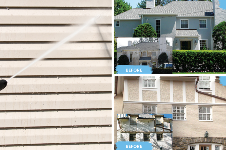 Collage showing a power washer spraying beige siding beside two before-and-after home exterior comparisons, each labeled "Before" and "After" on blue banners.