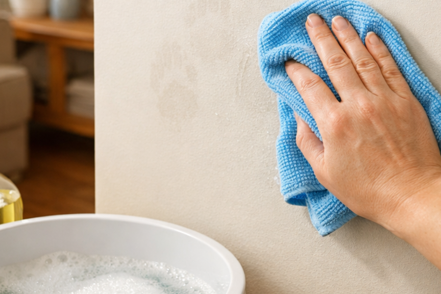A hand wipes smudges from a beige wall with a blue microfiber cloth, beside a bowl of soapy water and a bottle of dish soap.
