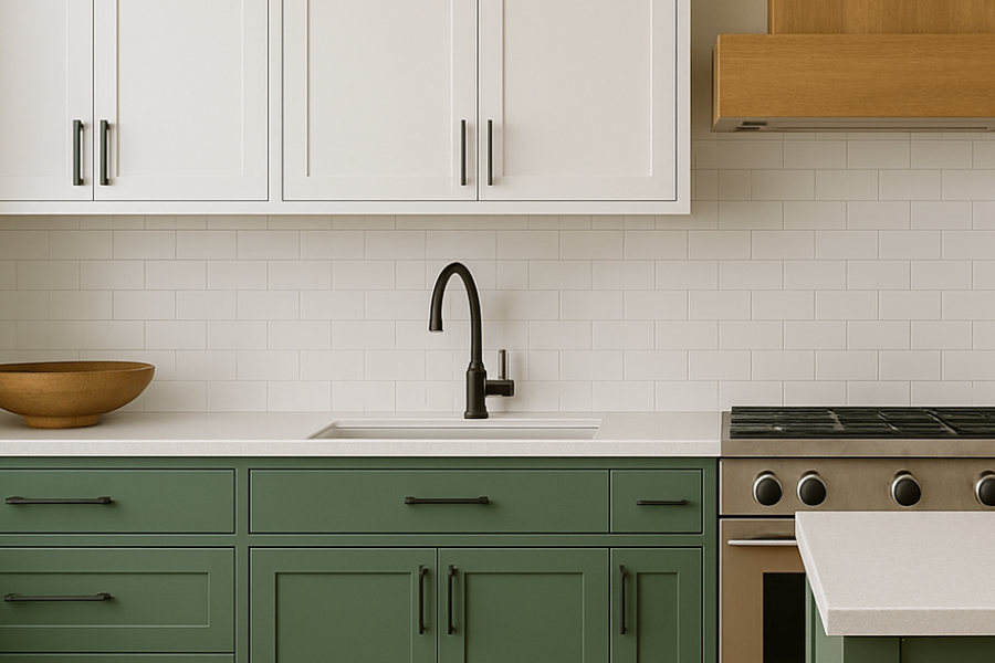 Kitchen with sage green lower cabinets and white upper cabinets, a white subway tile backsplash, black hardware and faucet, and a wooden range hood.