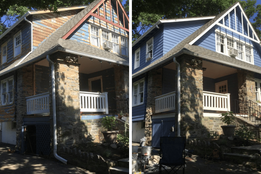 Before-and-after view of a stone-and-clapboard house exterior, showing peeling multicolored siding on the left and the same home freshly painted blue with white trim on the right.