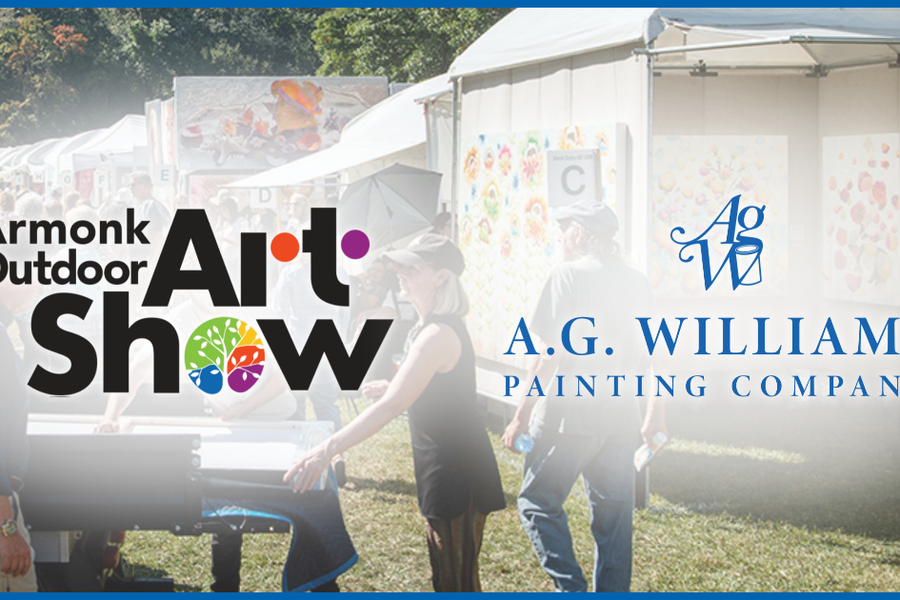 Armonk Outdoor Art Show and A.G. Williams Painting Company logos over a faded photo of visitors browsing white exhibitor tents displaying artwork on a lawn.