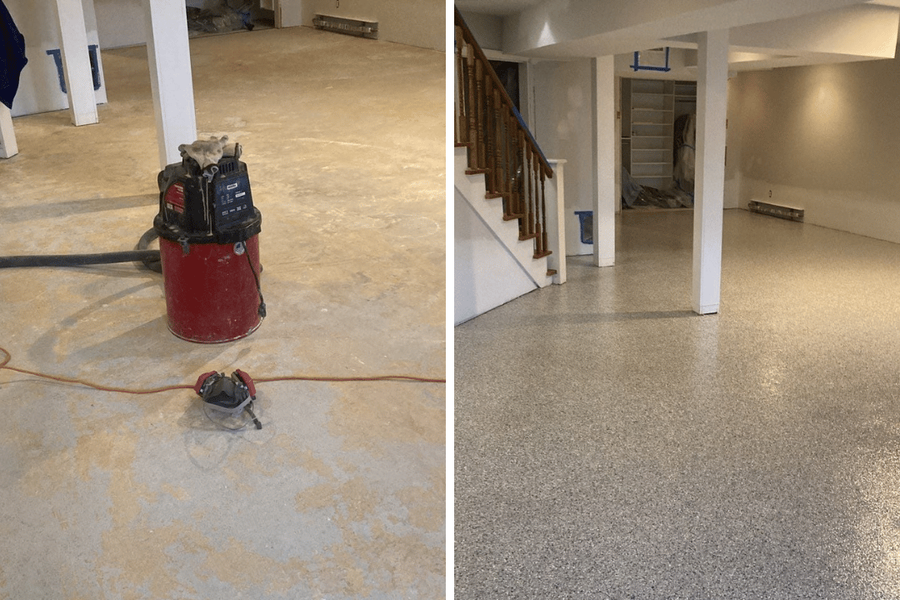 Before-and-after comparison of a basement: bare stained concrete with a grinder and vacuum on the left, and the finished speckled epoxy flake floor with white columns on the right.