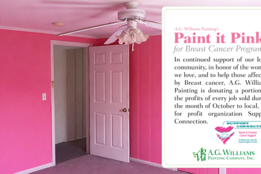 Bright pink bedroom with a tree wall decal beside a graphic for A.G. Williams Painting's "Paint it Pink for Breast Cancer Program," describing October donations to Support Connection.