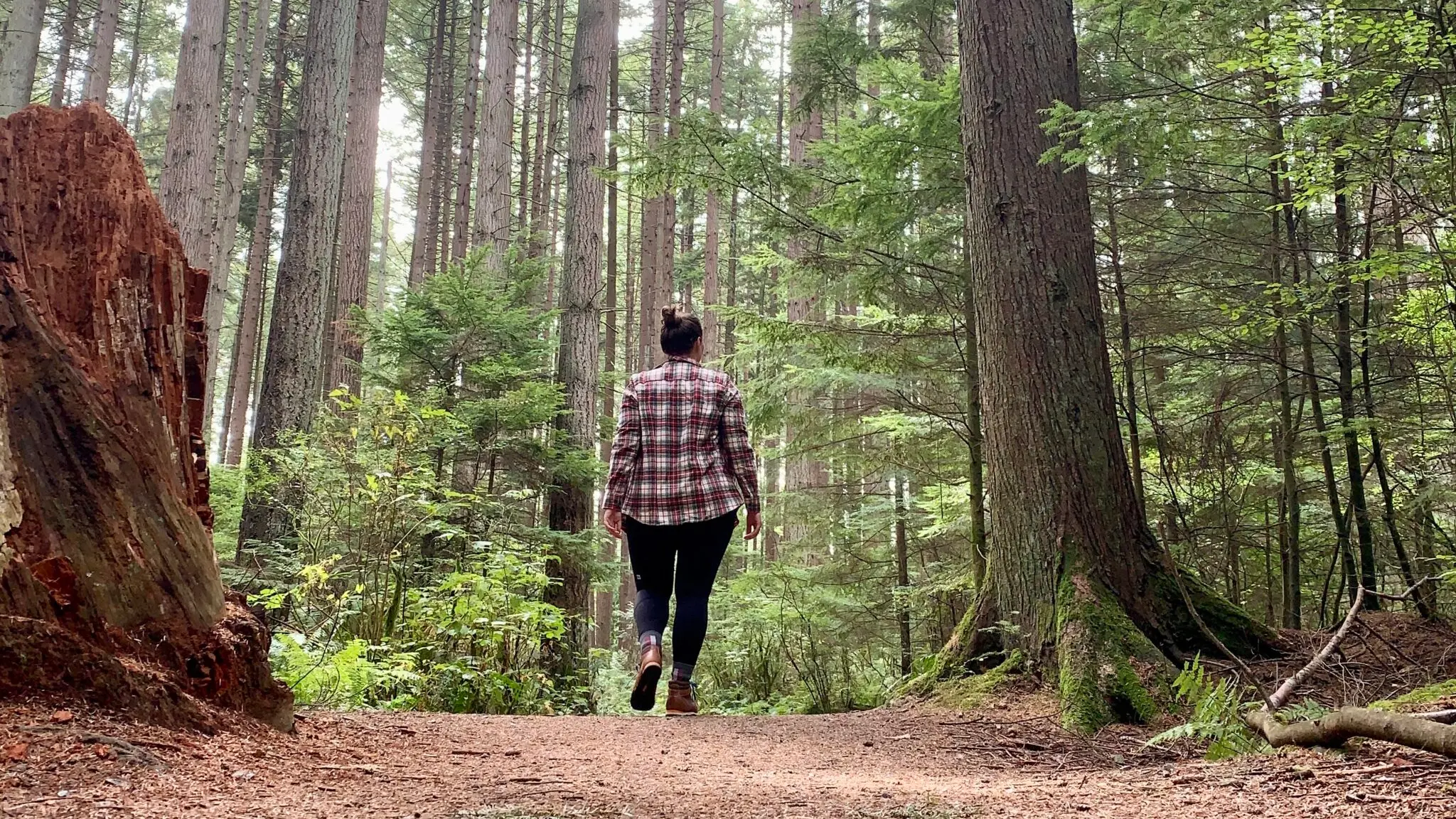 A woman walks along a trail in Pacific Spirit Regional Park in Vancouver