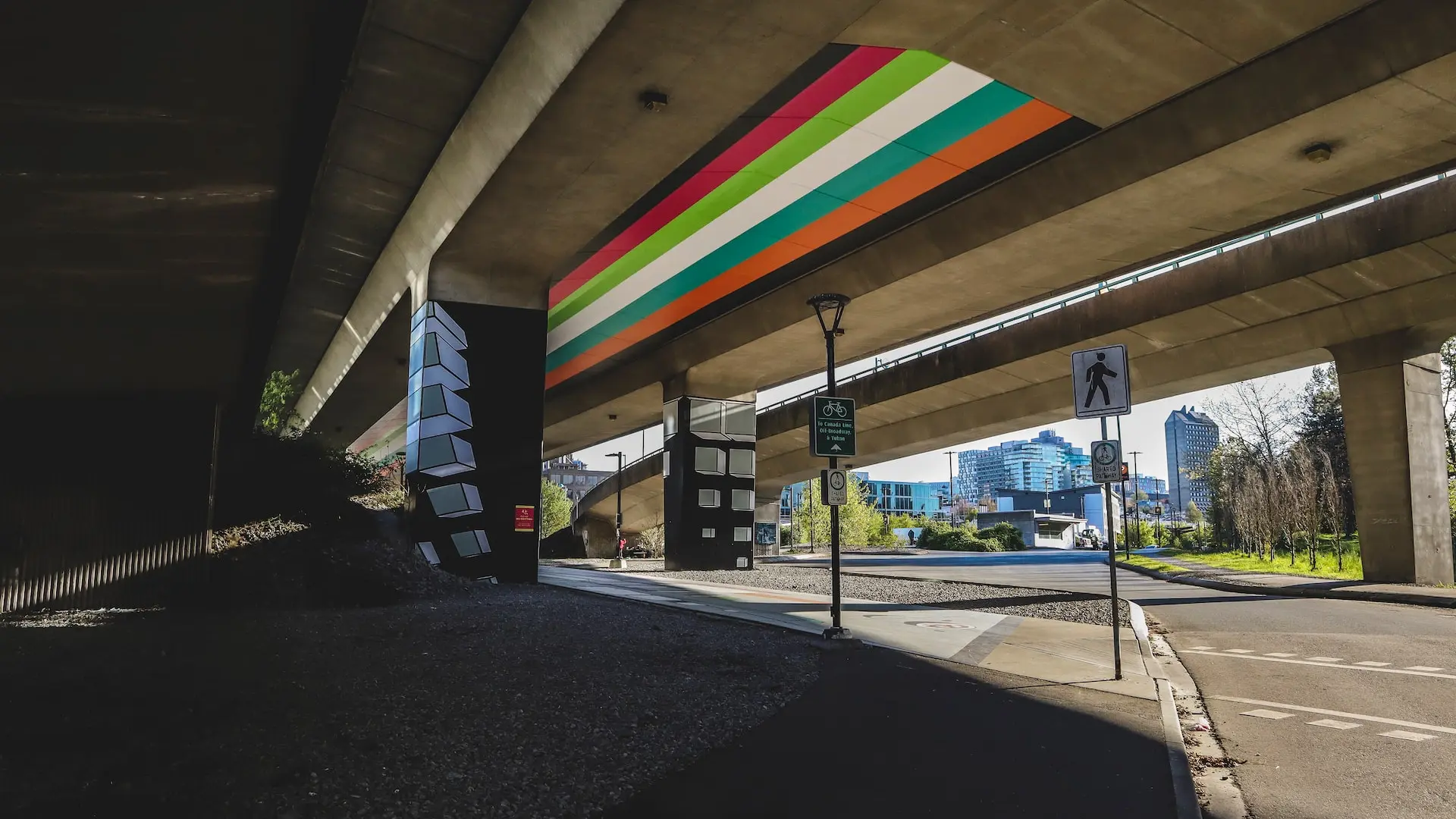 Voxel Bridge mural underneath the Cambie Street Bridge in Vancouver