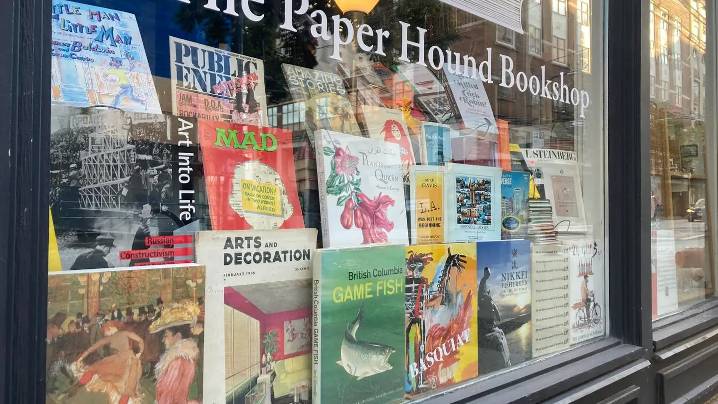 The exterior window of the The Paper Hound book store in Vancouver.