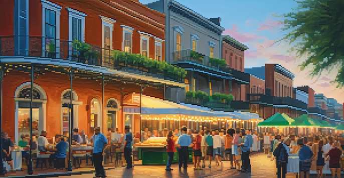 A lively street food scene in the French Quarter with vendors and customers, historic buildings, and a warm sunset.