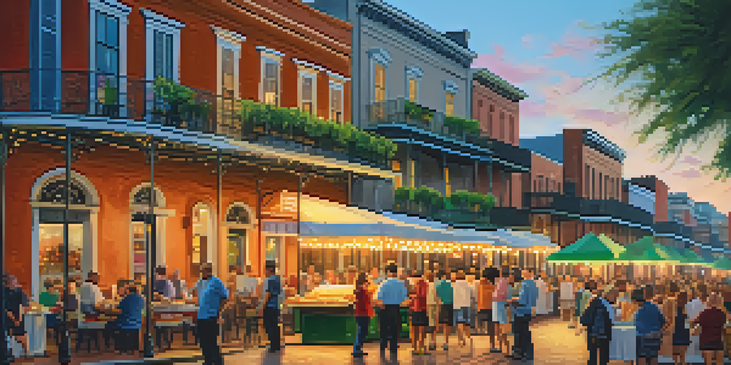A lively street food scene in the French Quarter with vendors and customers, historic buildings, and a warm sunset.