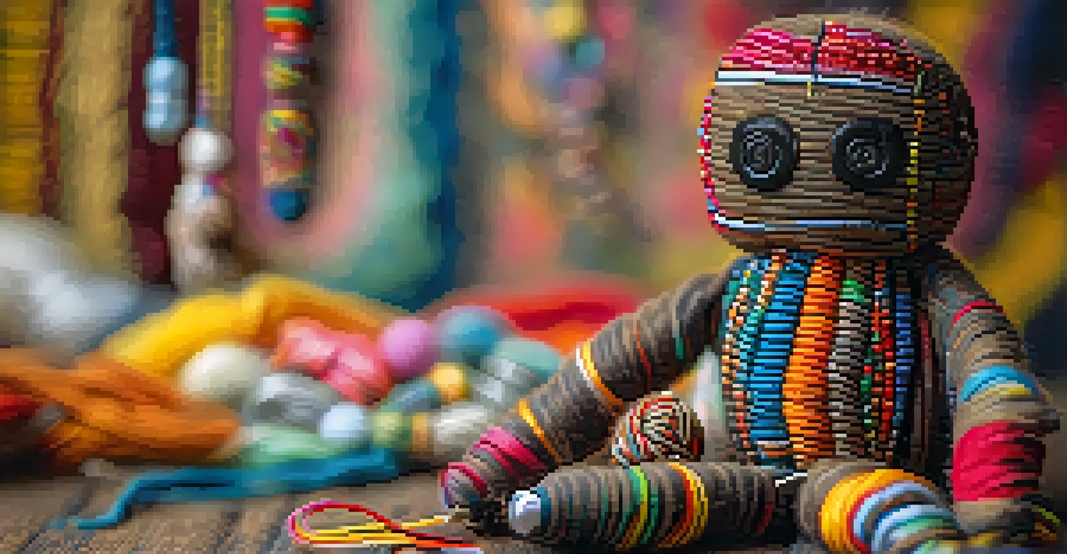 A detailed close-up of a traditional Voodoo doll with colorful threads and trinkets.