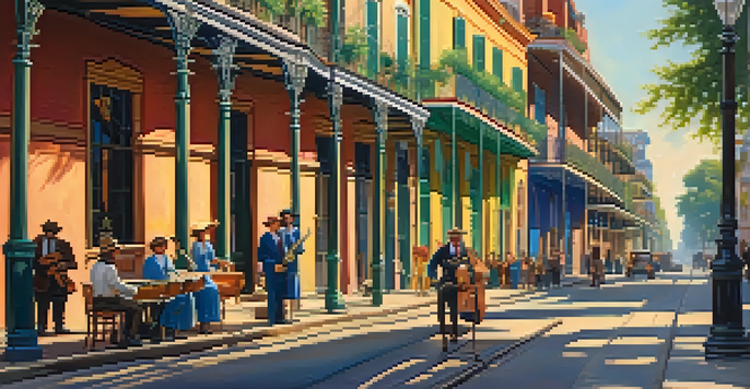 A lively New Orleans street scene with jazz musicians, colorful buildings, and people in historical clothing under warm sunlight.