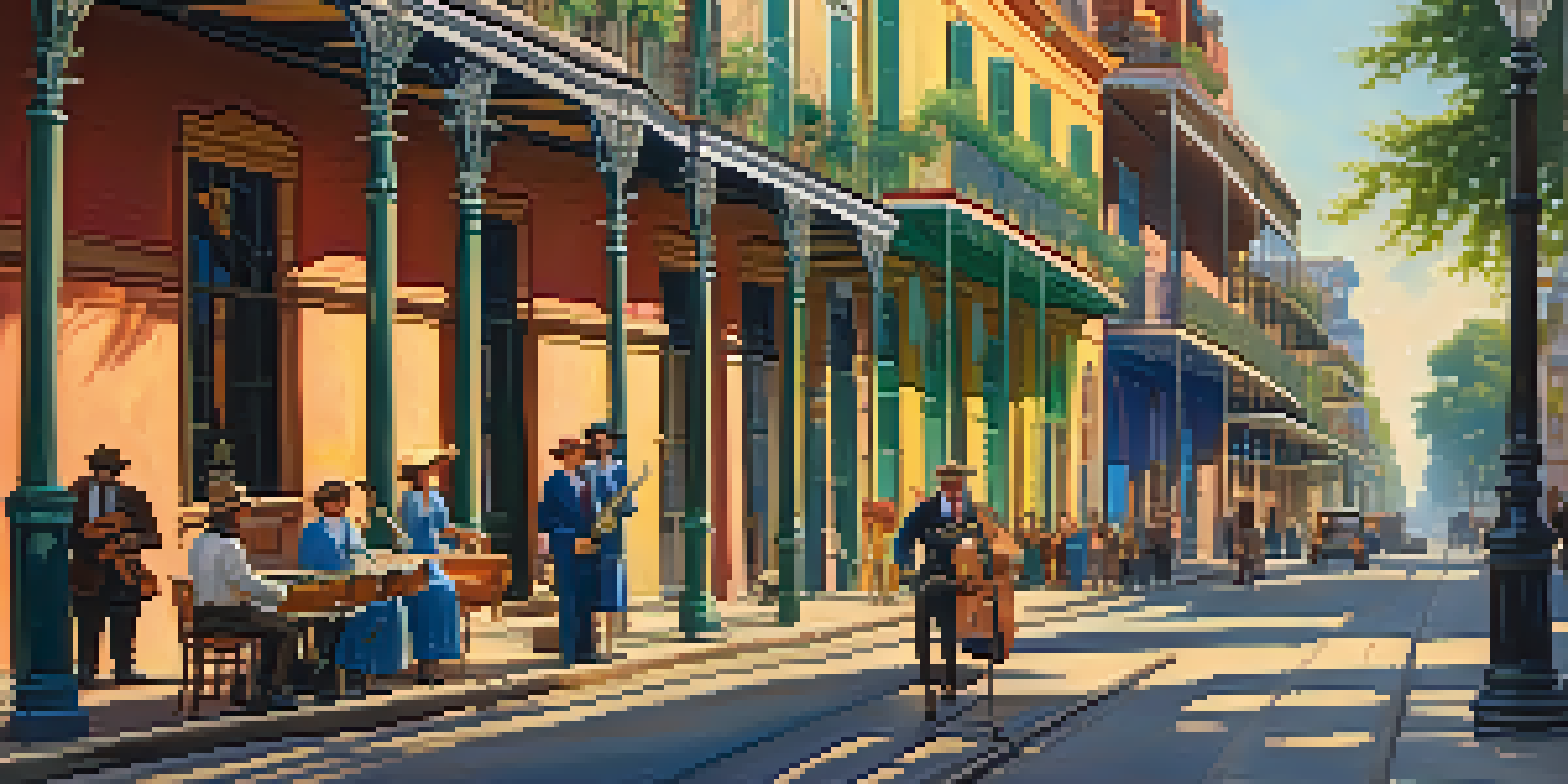 A lively New Orleans street scene with jazz musicians, colorful buildings, and people in historical clothing under warm sunlight.