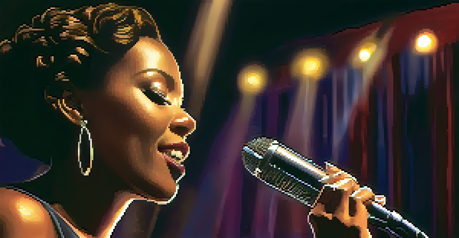 A female jazz vocalist passionately singing into a microphone with a blurred band in the background.