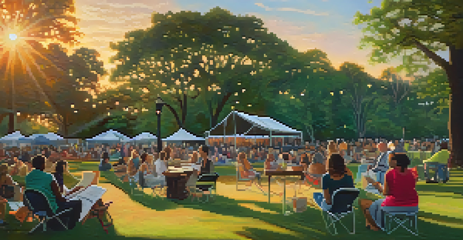 A scenic park view at a New Orleans literary festival with authors reading on stage and attendees enjoying the atmosphere.