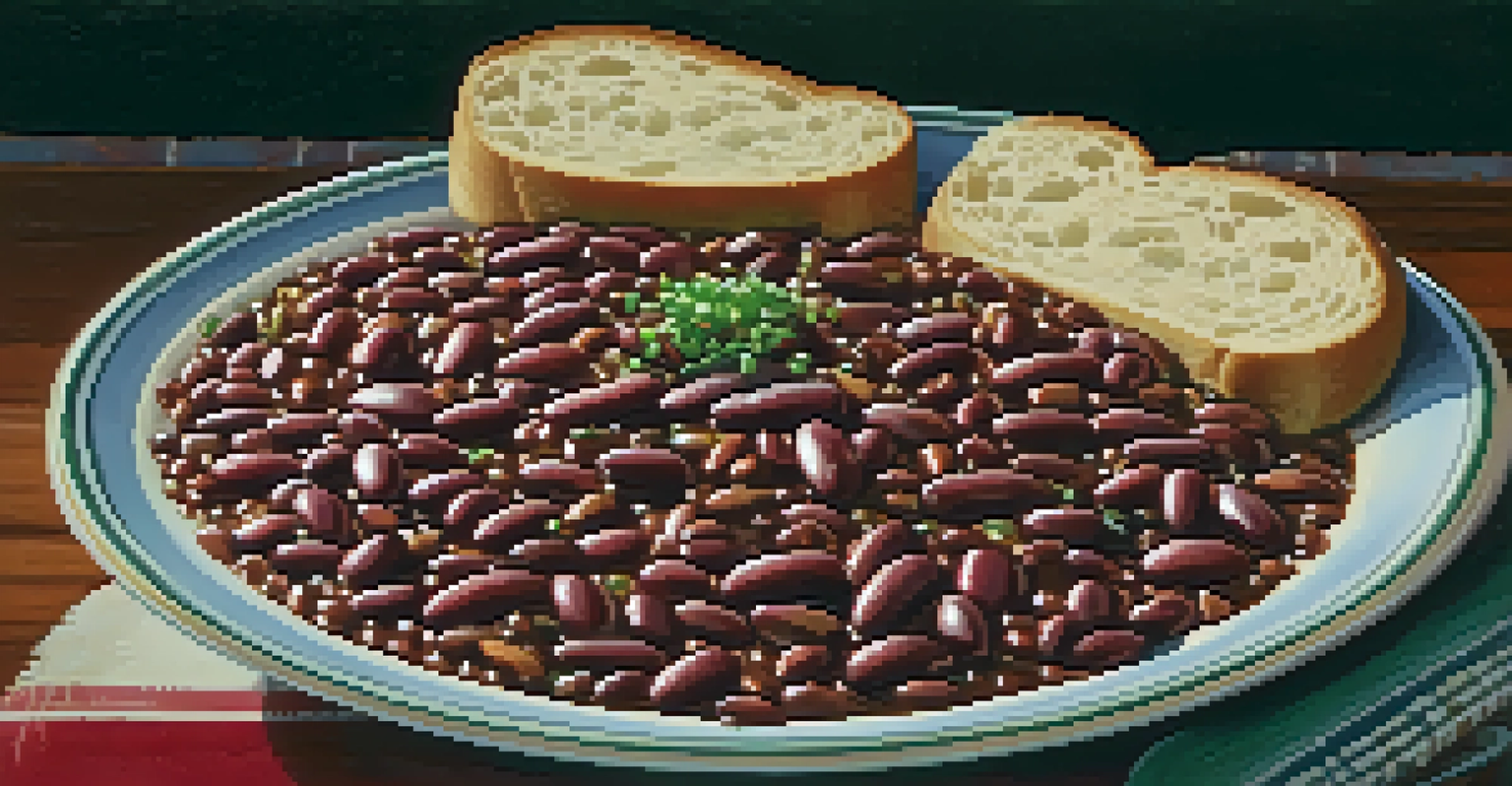 A bowl of red beans and rice with sausage, served with a slice of French bread.