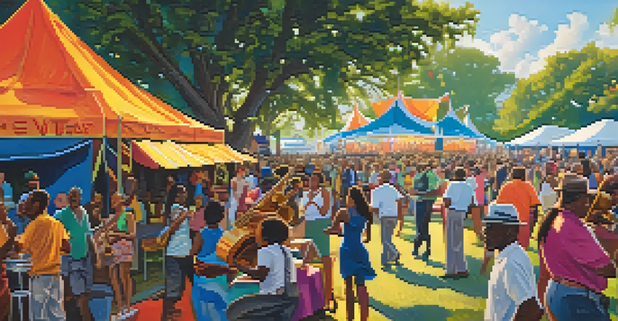 A lively scene at the New Orleans Jazz Fest with diverse attendees enjoying live music and delicious food in a vibrant outdoor setting.