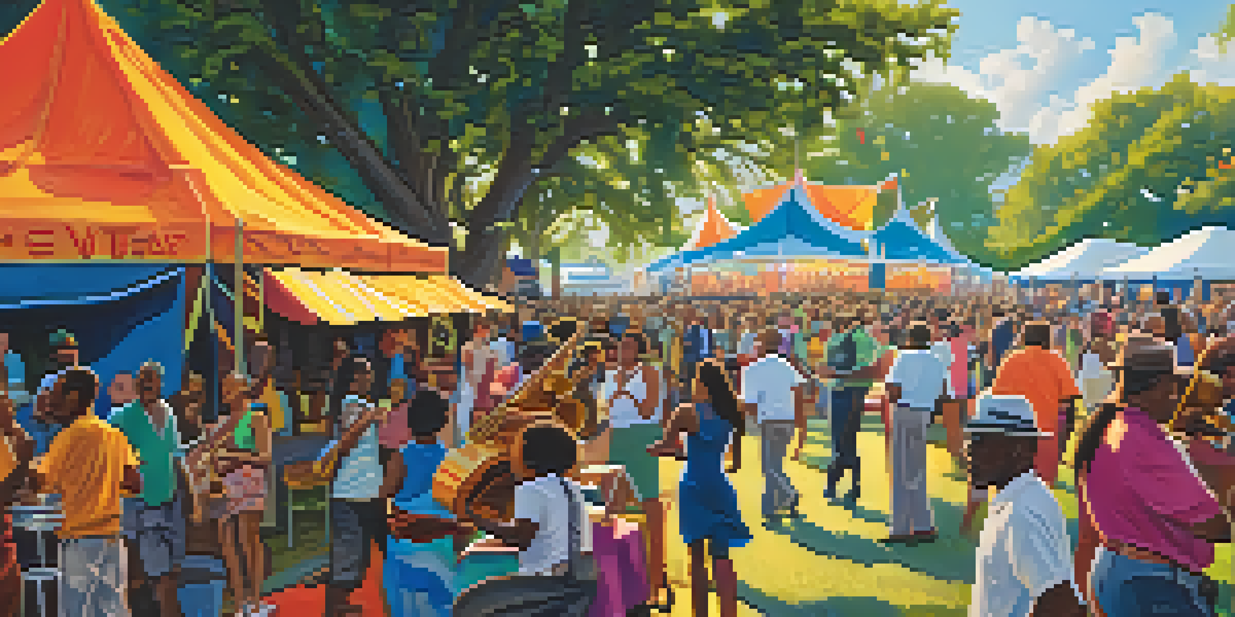A lively scene at the New Orleans Jazz Fest with diverse attendees enjoying live music and delicious food in a vibrant outdoor setting.