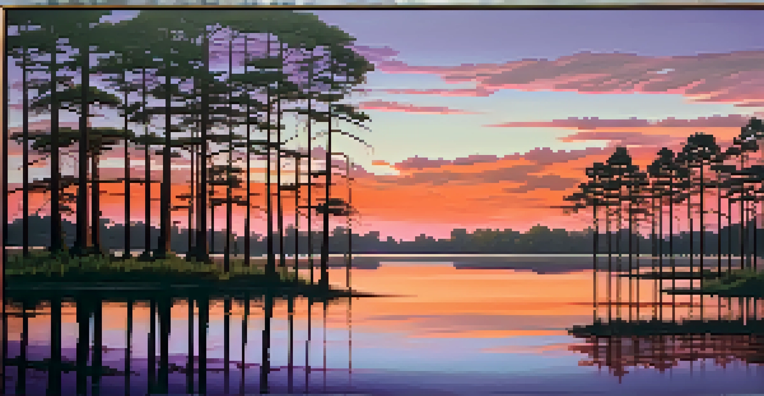 A peaceful bayou at sunset with cypress trees and reflections in the water, showcasing vibrant colors in the sky.