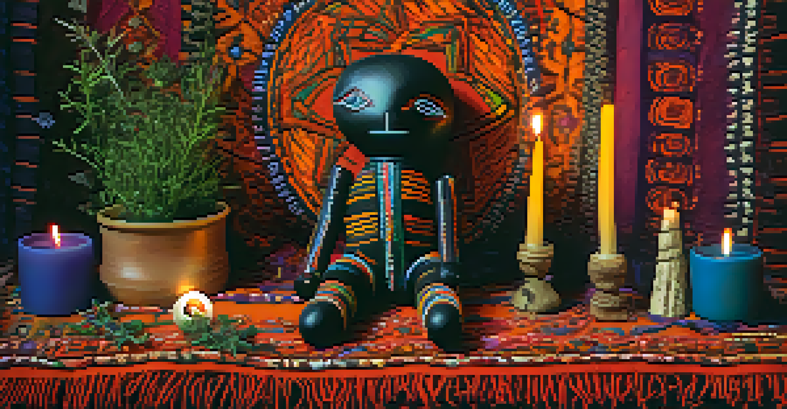 A detailed Voodoo doll on colorful fabric, surrounded by herbs and candles.