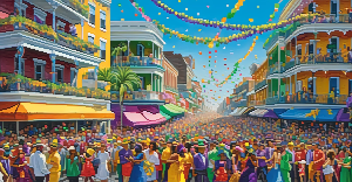 A lively street scene during Mardi Gras with colorful floats and happy crowds in festive costumes, under a bright blue sky.