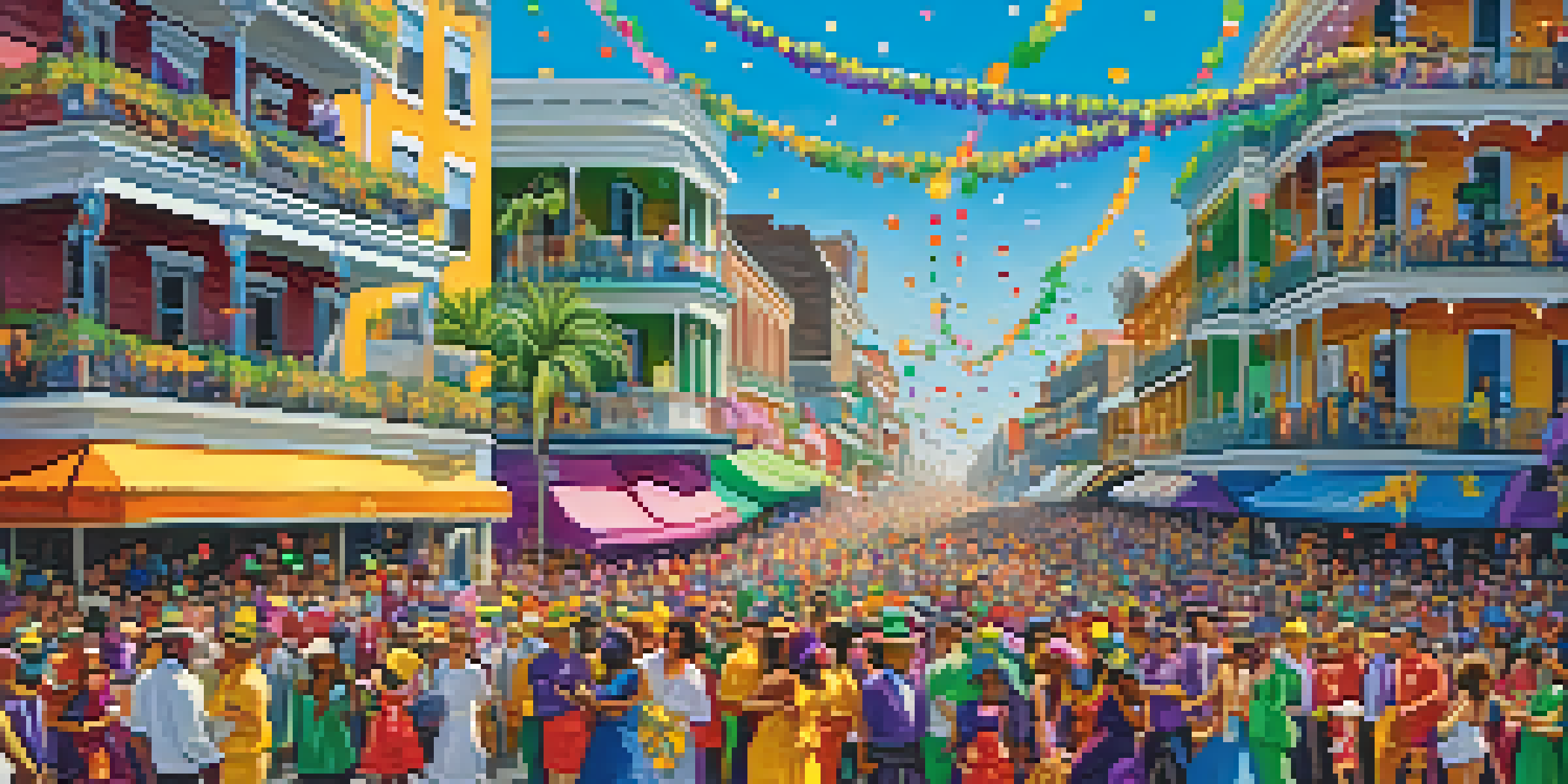 A lively street scene during Mardi Gras with colorful floats and happy crowds in festive costumes, under a bright blue sky.