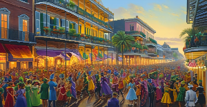 A lively Mardi Gras parade in New Orleans with colorful floats and people in masks celebrating.