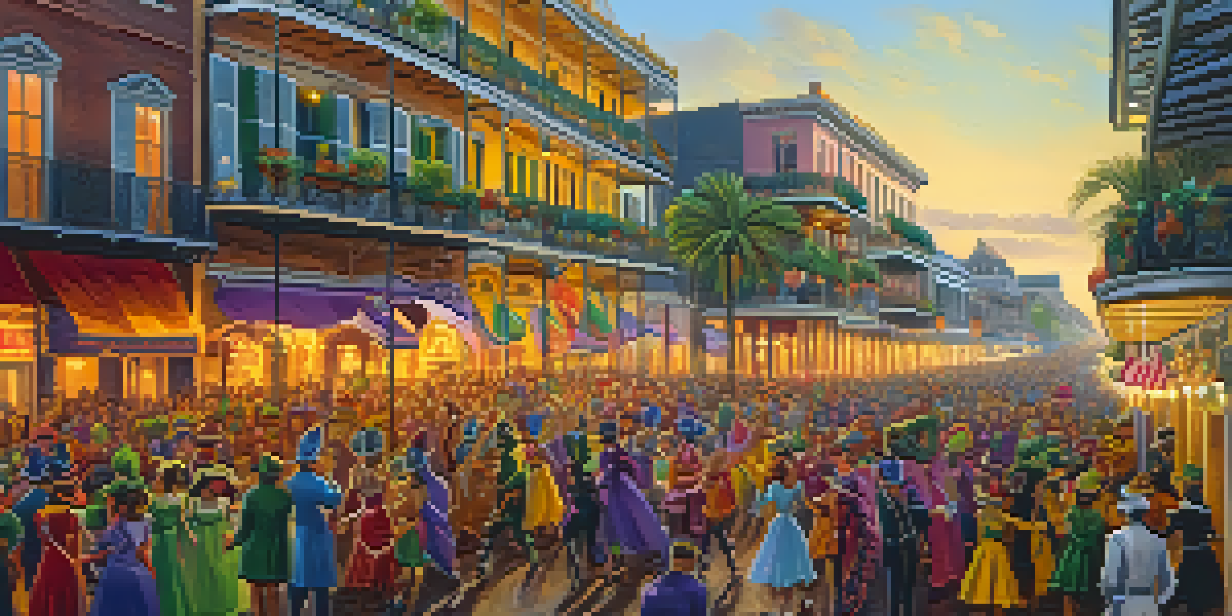 A lively Mardi Gras parade in New Orleans with colorful floats and people in masks celebrating.