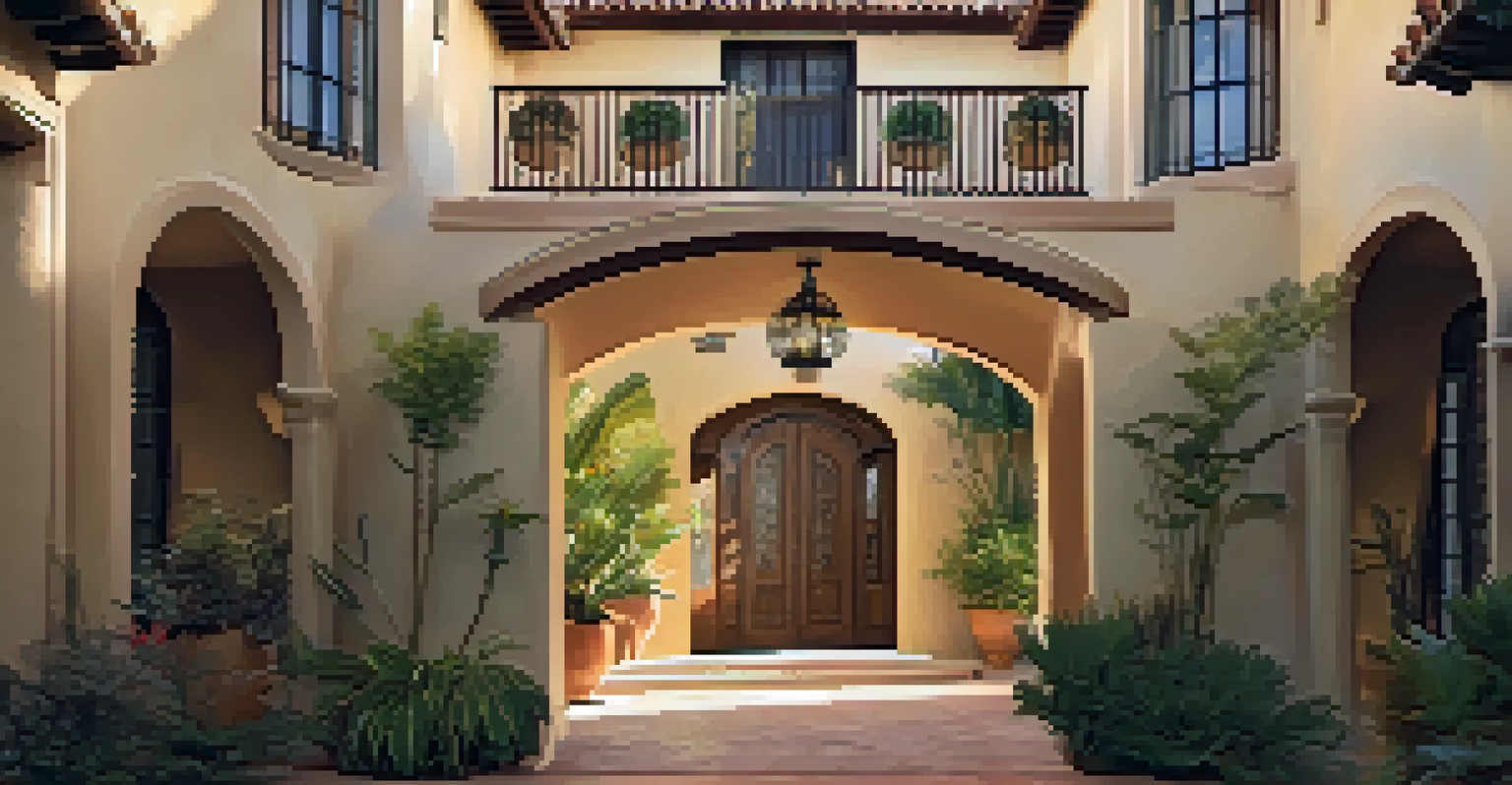 Close-up of an entrance to a Spanish Colonial Revival house featuring arched doorways and colorful tile accents in soft morning light.