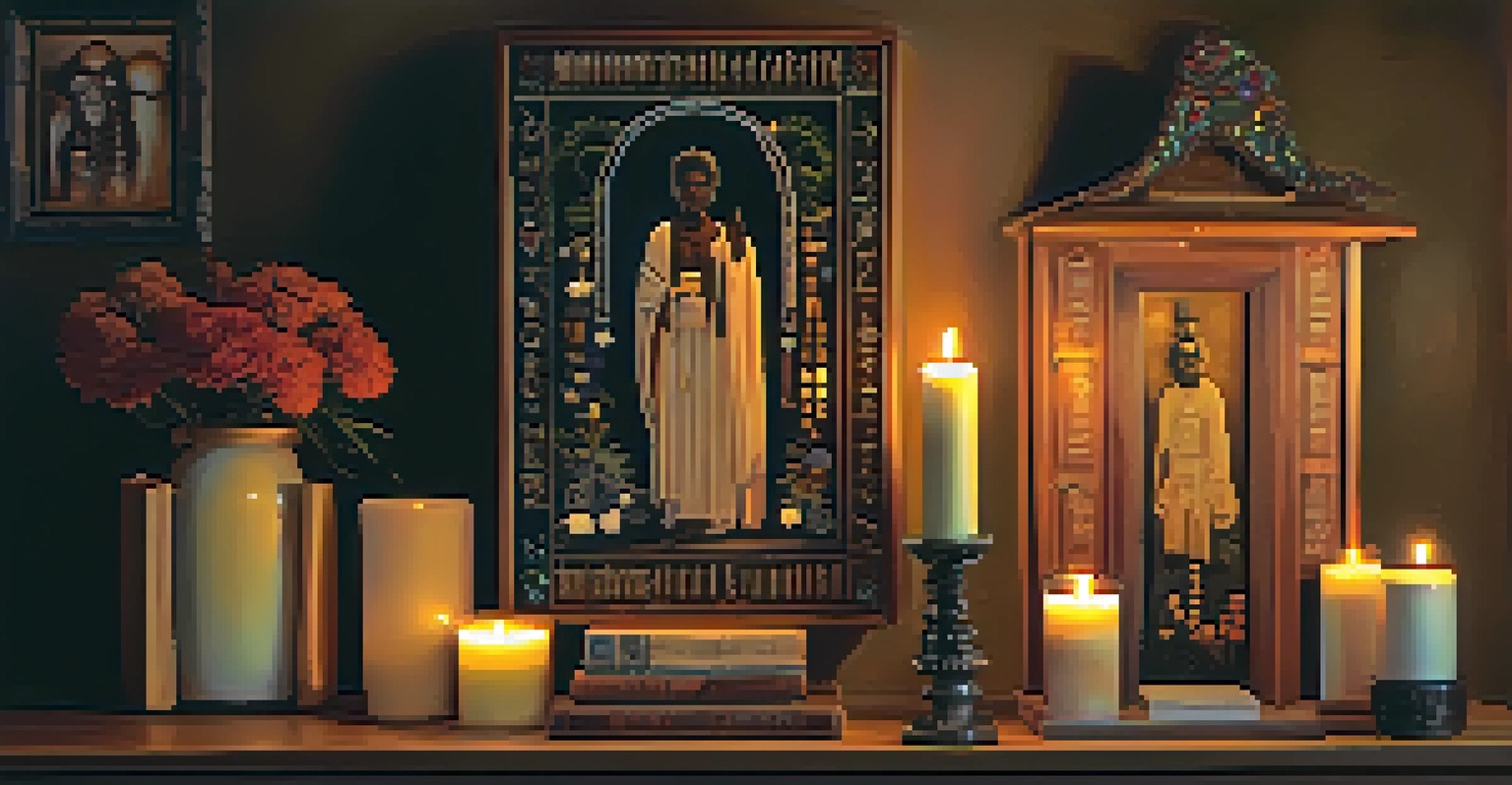 A serene Voodoo ancestral shrine with photographs, candles, and flowers, softly illuminated by candlelight.
