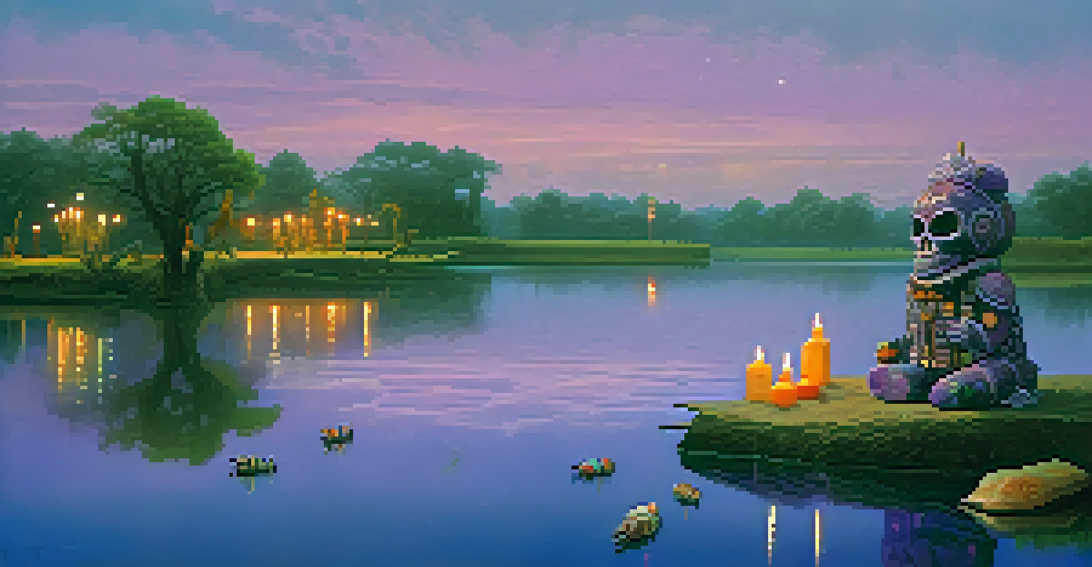 A tranquil bayou landscape at dusk with mist rising from the water and a small Voodoo altar in the foreground, surrounded by vibrant colors in the sky.