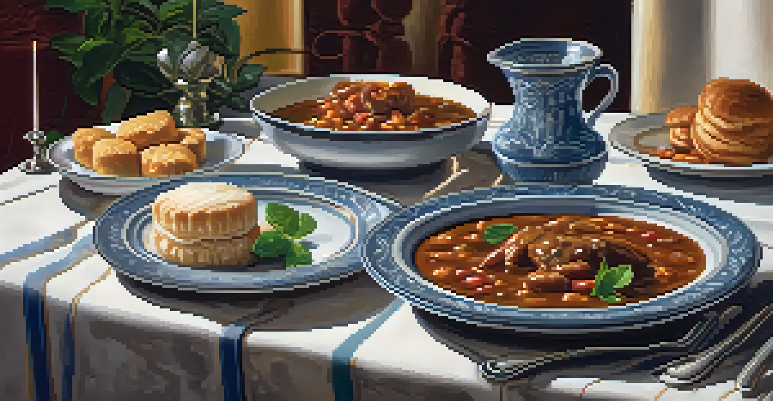 A beautifully arranged table with New Orleans dishes including gumbo, jambalaya, and beignets, set in a warm ambiance.
