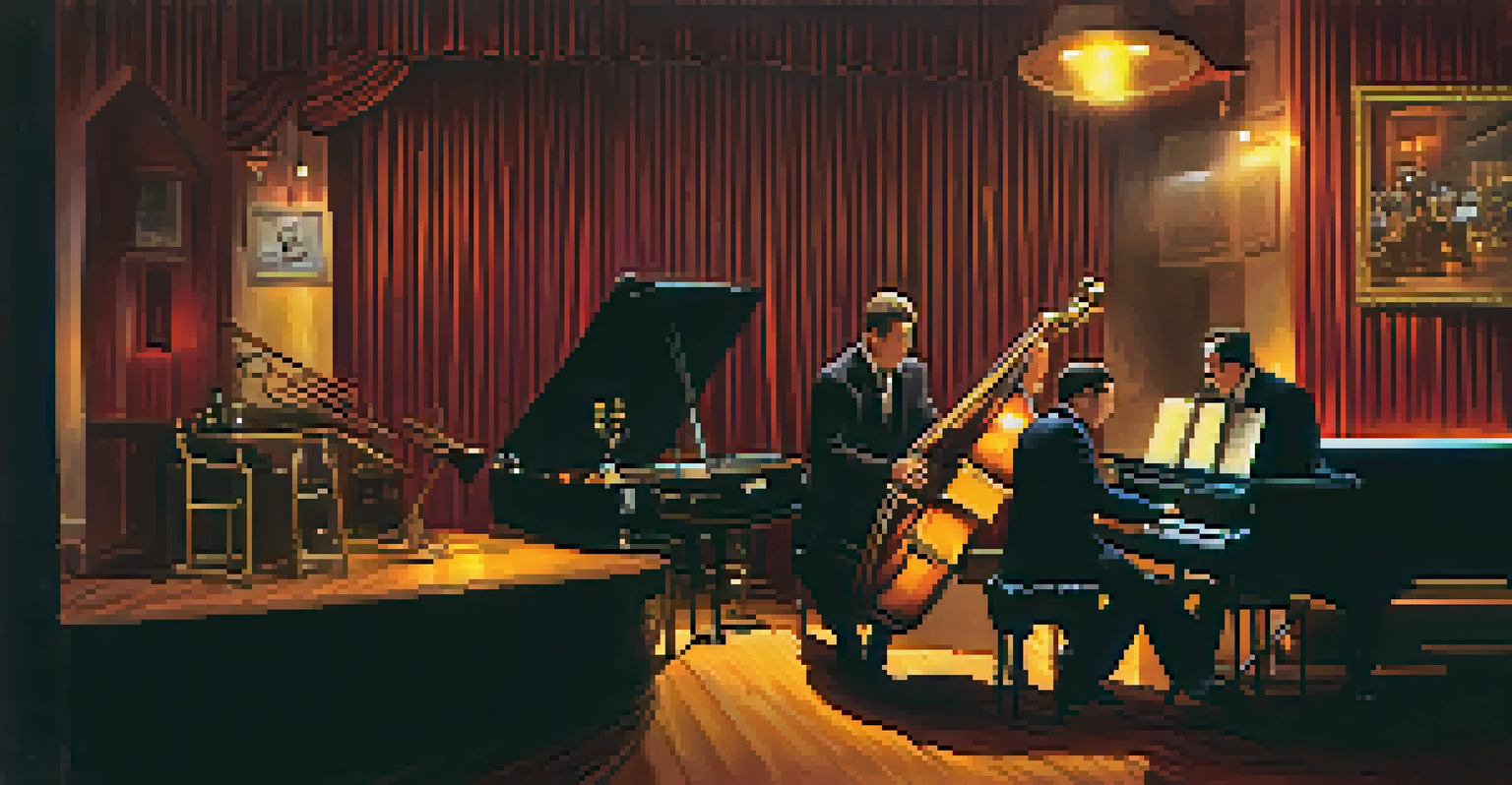 A cozy jazz club in New Orleans with musicians performing on stage, creating an intimate and engaging atmosphere.