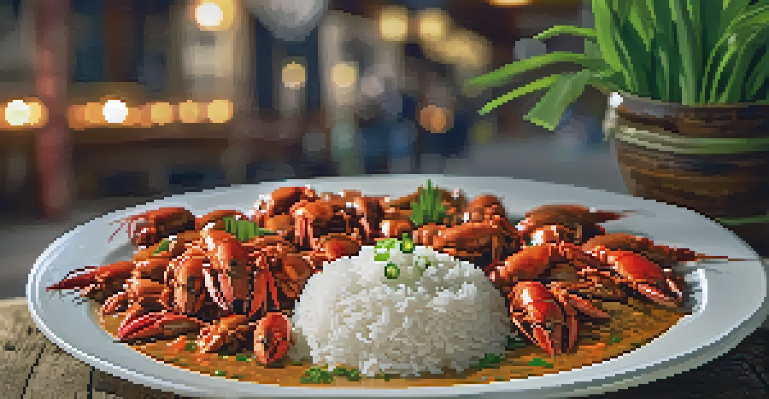 A plate of crawfish étouffée garnished with green onions and served with rice on a wooden table.