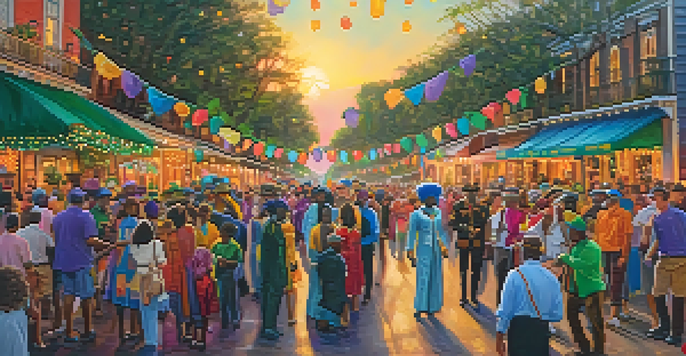 A lively street scene in New Orleans during Mardi Gras with colorful floats and masked participants.