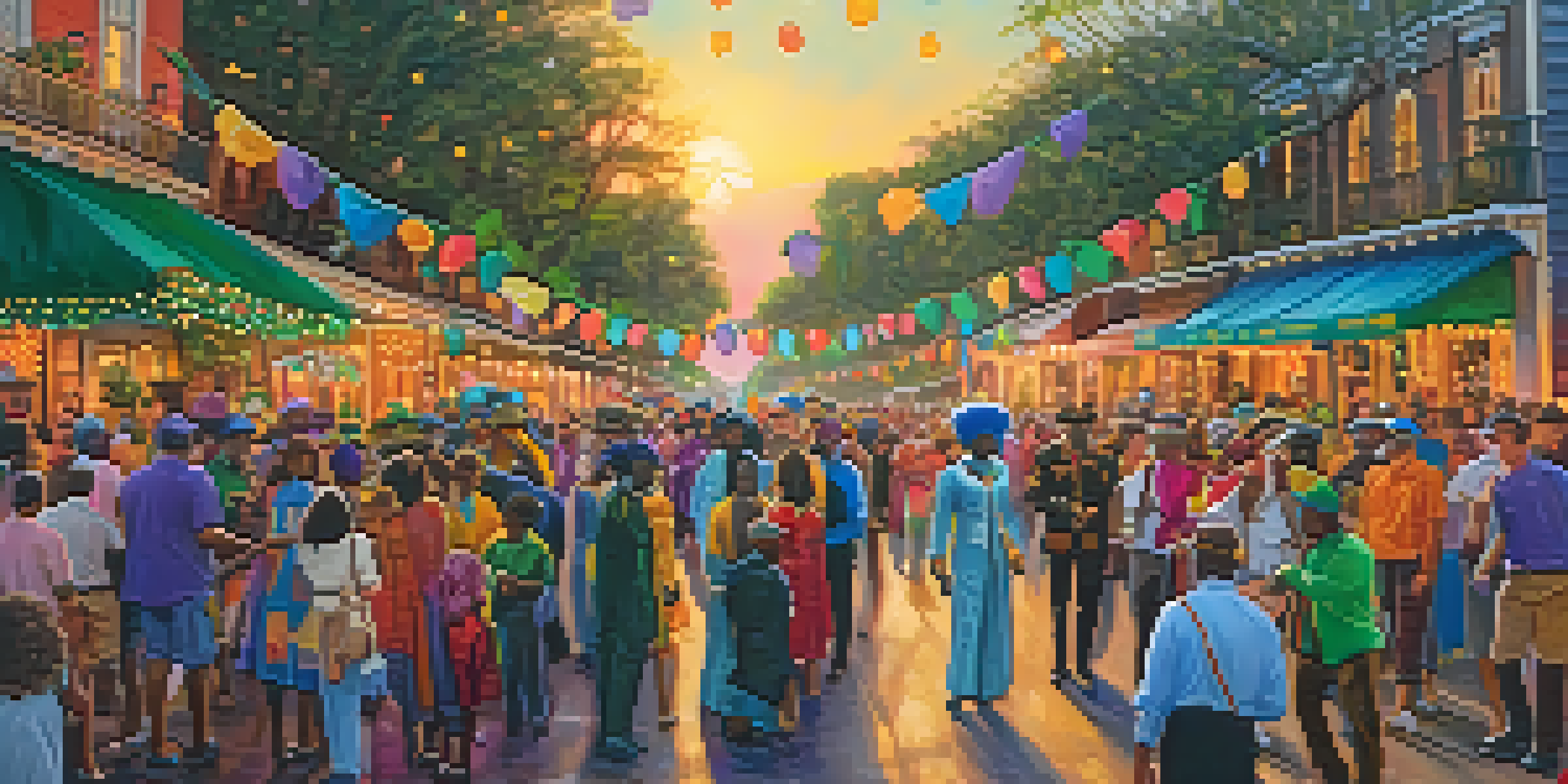 A lively street scene in New Orleans during Mardi Gras with colorful floats and masked participants.