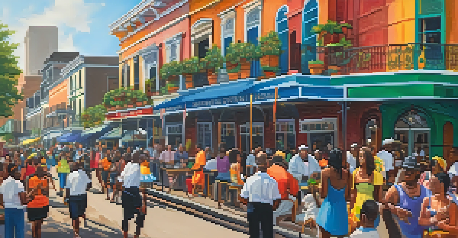 A lively street festival in New Orleans, featuring colorful Creole architecture, music, and people enjoying the event.
