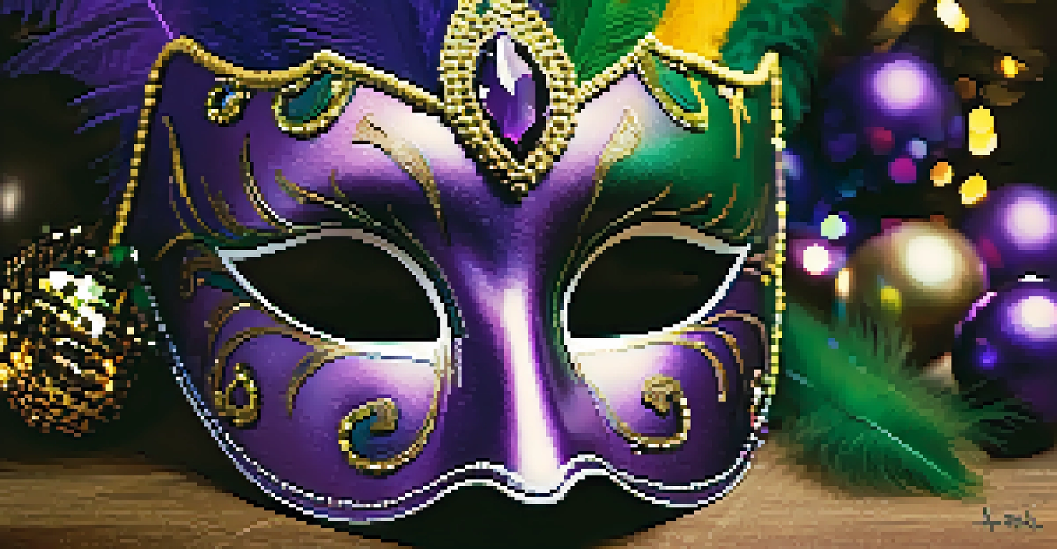 A detailed close-up of a colorful Mardi Gras mask decorated with feathers and sequins, set against a blurred festive background.