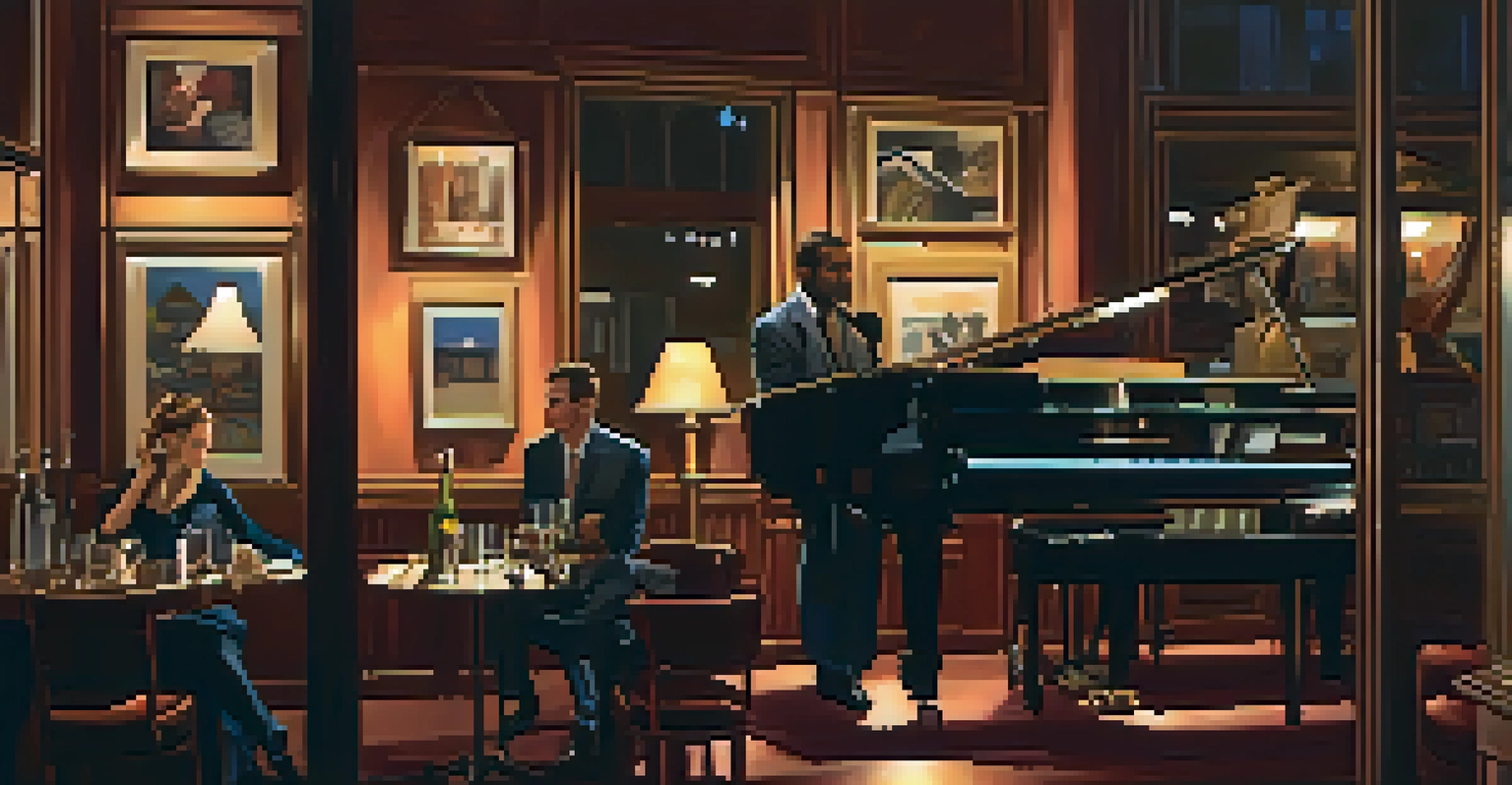 An intimate jazz club featuring a trio of musicians with warm dim lighting, patrons enjoying the performance, and colorful jazz-inspired artwork on the walls.