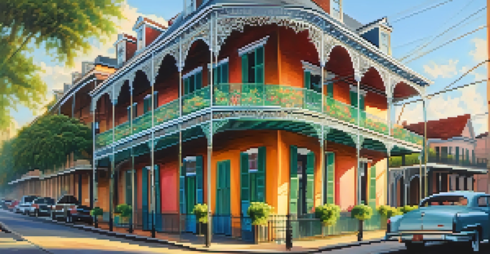 A traditional Creole house in the French Quarter, featuring vibrant colors, intricate ironwork, and a lively street scene.