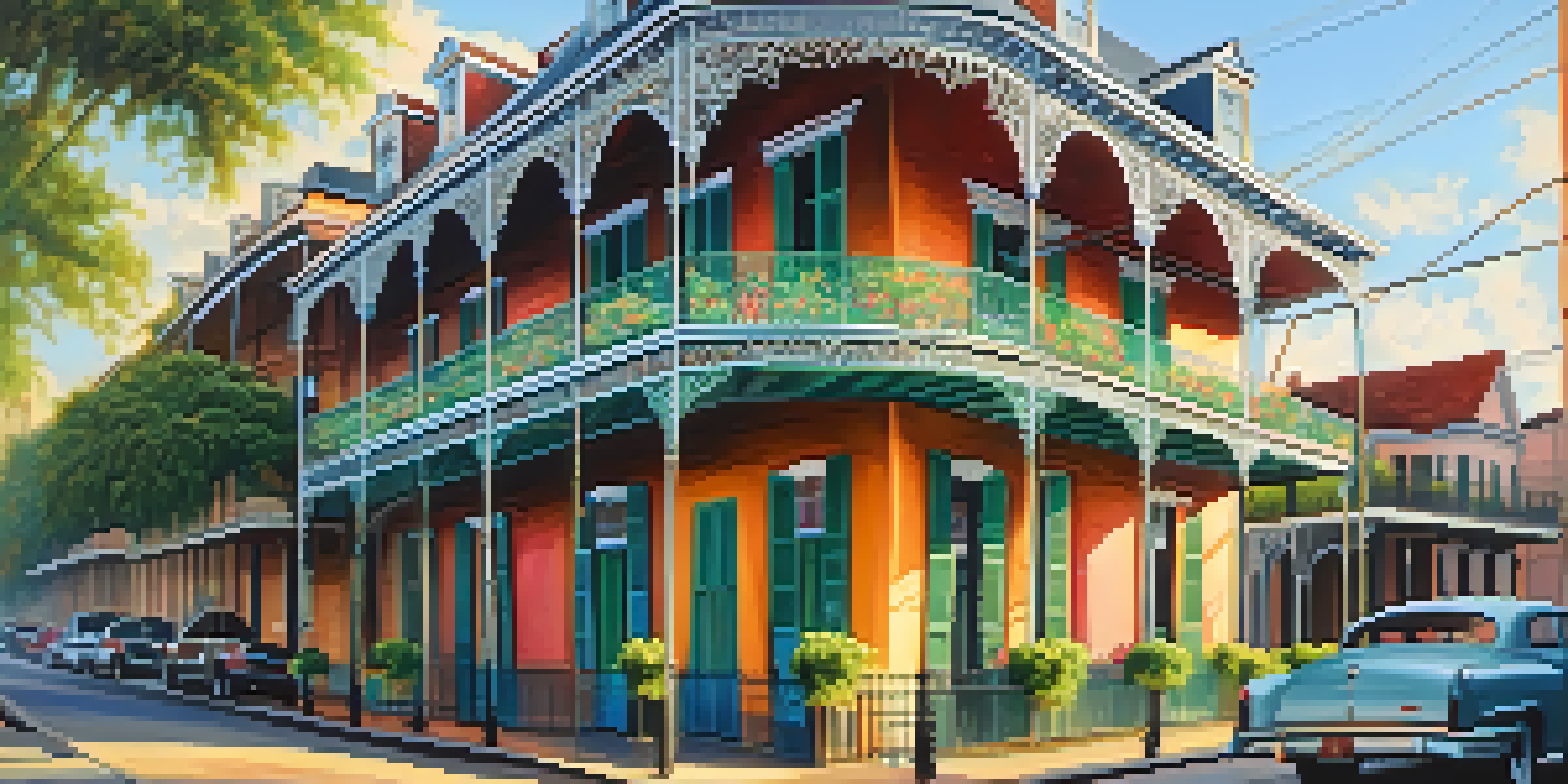 A traditional Creole house in the French Quarter, featuring vibrant colors, intricate ironwork, and a lively street scene.