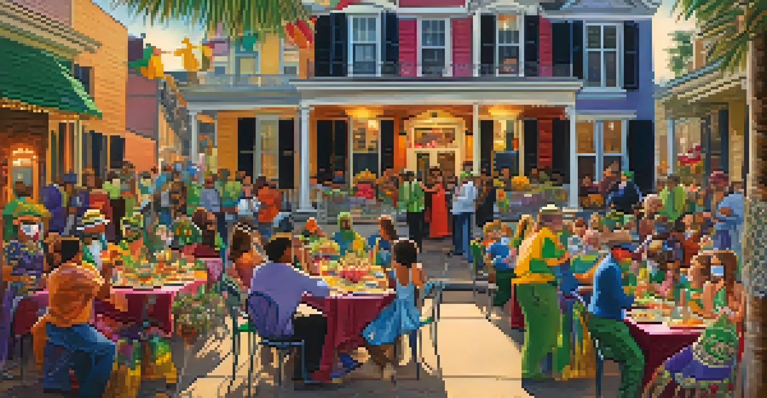A neighborhood Mardi Gras celebration with families and friends in masks and costumes, surrounded by decorations and traditional food.