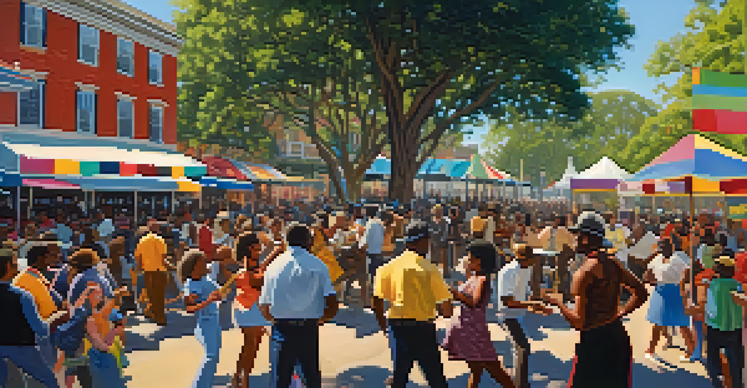 A bustling outdoor jazz festival in New Orleans with a crowd enjoying live music and colorful decorations.