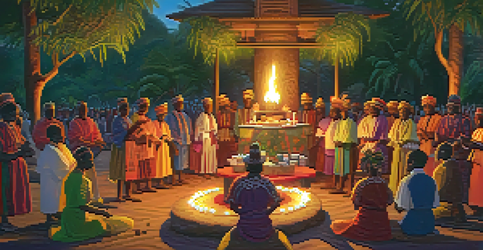 A lively outdoor Voodoo ceremony with practitioners in traditional attire dancing around an altar filled with candles and flowers, under a warm sunset.