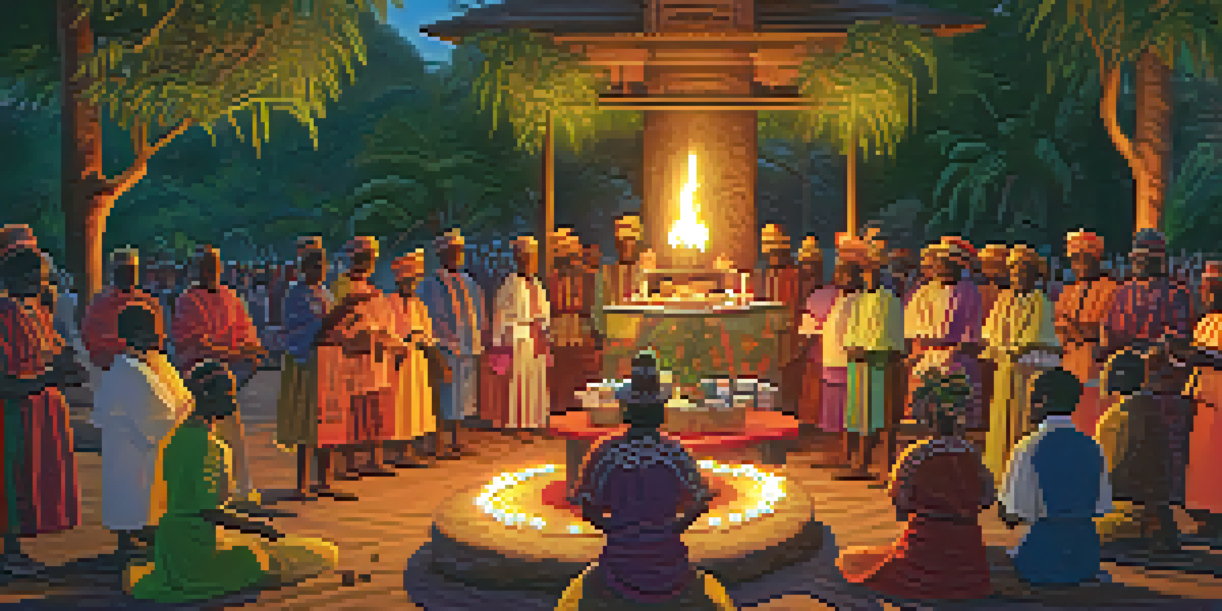 A lively outdoor Voodoo ceremony with practitioners in traditional attire dancing around an altar filled with candles and flowers, under a warm sunset.