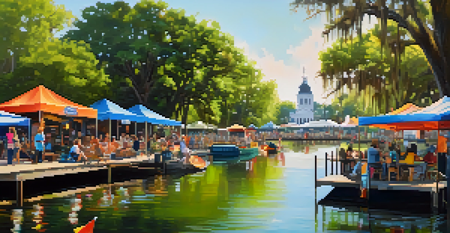 Families enjoying the Bayou Boogaloo festival along a scenic bayou, with musicians, kayaks, and vibrant tents in the background.