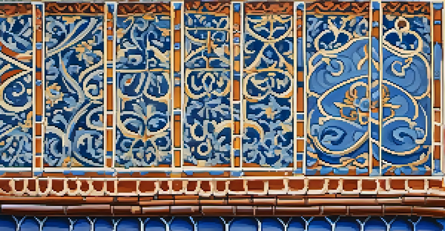 A close-up view of colorful Spanish tiles on a roof in New Orleans, showcasing intricate patterns against a blue sky.