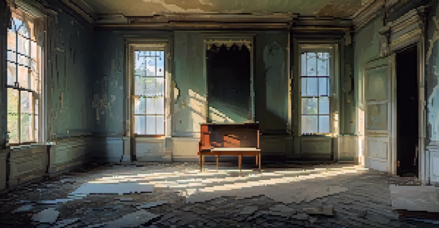 An abandoned mansion interior with peeling paint, dusty furniture, and sunlight streaming through cracked windows.